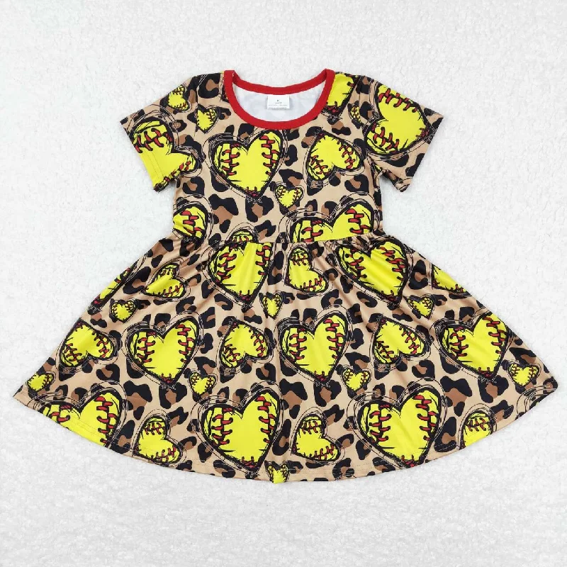 GSD0547  Valentine Love Leopard Yellow Softball  Girls Short Sleeve Dresses Street