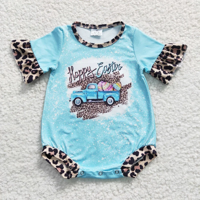 SR0116 Happy Easter Egg Car Blue Leopard Girls Short Sleeve Romper Modern Men's Geometric