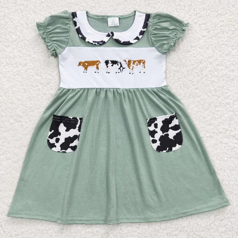 GSD0347 Green Cow Embroidery Pockets Girls Short Sleeve Dresses Cclassic Men's Tweed