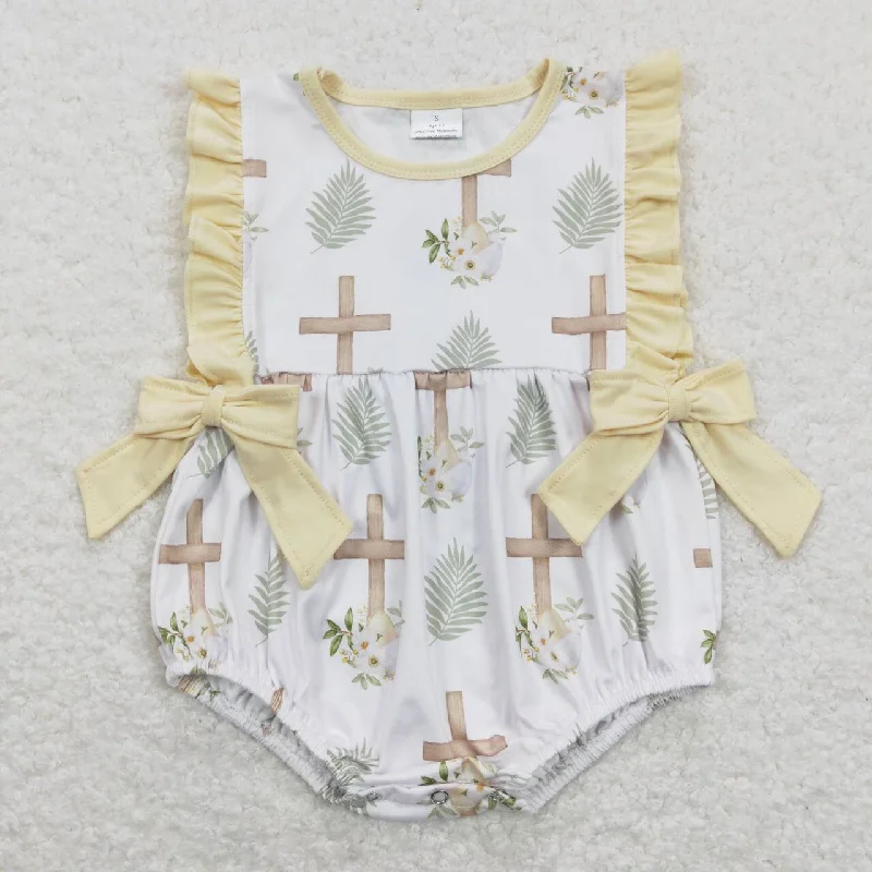 SR0619  Easter Yellow Cross Bow Girls Short Sleeve Romper Sleek Men's Metallic