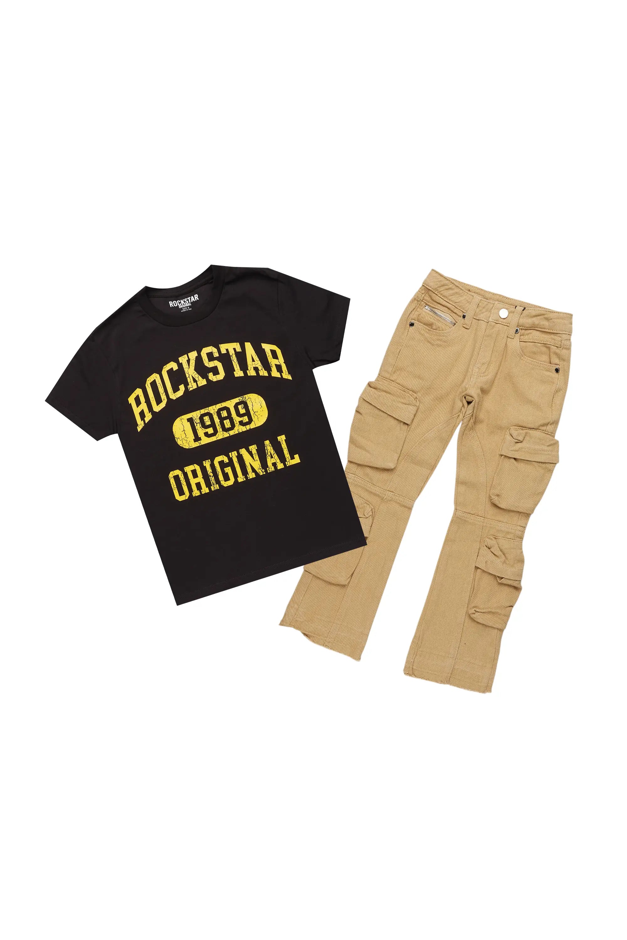 Boys Embers Black/Yellow T-Shirt/Stacked Flare Jean Set Cozy Men's Sherpa