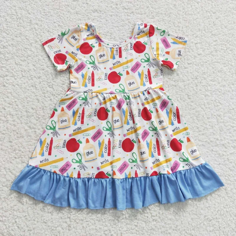 GSD0394 Back To School Apple Blue Red Girls Flutter Sleeve Dresses Edgy Men's Punk