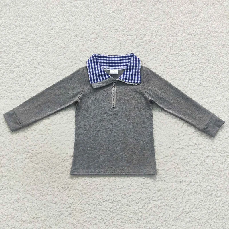 BT0285 Grey Blue Plaid  Winter Boys Long Sleeve Top Collar T-Shirts Dapper Men's 1920S