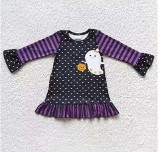 6 C6-22 Halloween Black Purple Pumpkin Ghost Cartoon Girls Flutter Sleeve Dresses Modern Men's 