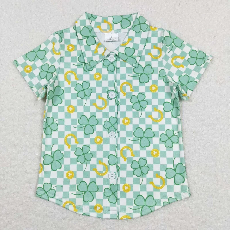 BT0543 St. Patrick Clover Green  Boys Short Sleeve Top Collar T-Shirts Classic Men's Pin