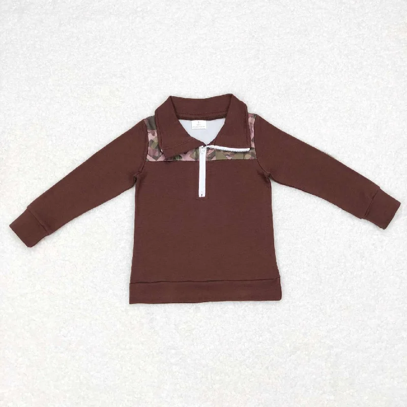 BT0328  Brown Camo  Boys Long Sleeve Top Collar Polo Pullover T-Shirts Sharp Men's Italian