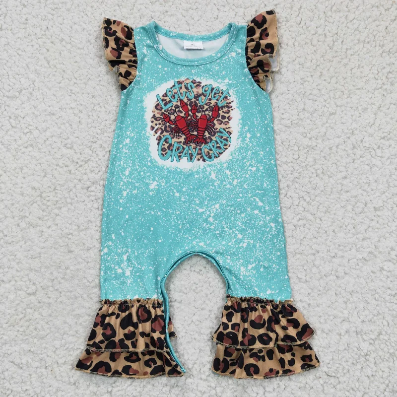 SR0151 Let's Get Cray Crawfish Blue Bleach Leopard  Girls Short Sleeve Romper Masculine Men's 