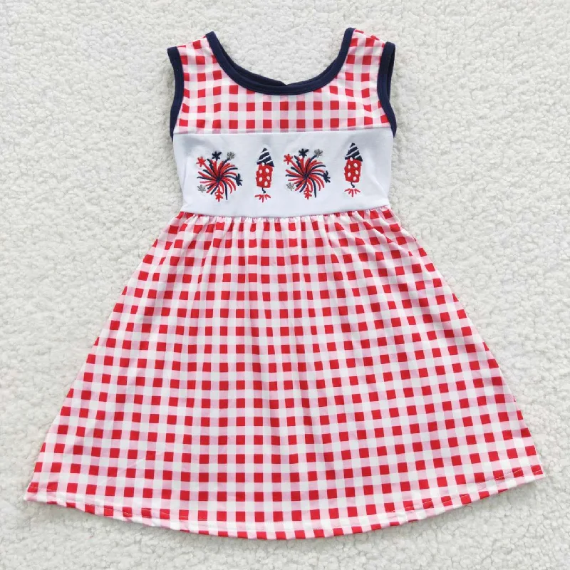 GSD0330  4th Of July Red Blue Plaid Flag Firework Embroidery Girls Short Sleeve Dresses Elegant Men's Cashmere