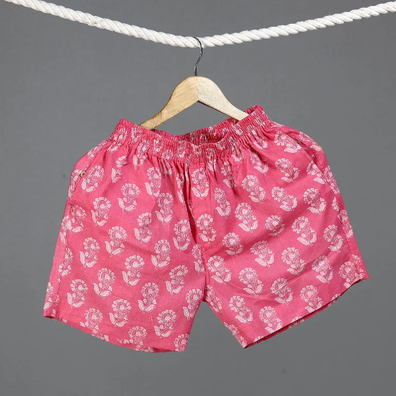 Pink - Sanganeri Block Printed Cotton Unisex Boxer/Shorts Beach