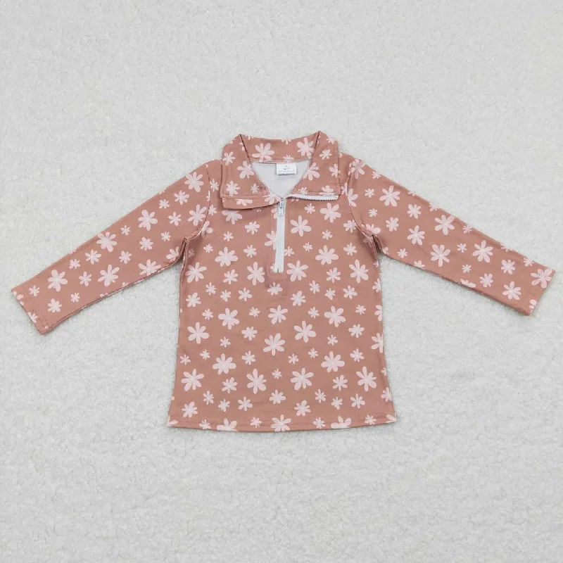 GT0363 Pink Floral Girls Long Sleeve Top Collar Polo Pullover T-Shirts Street