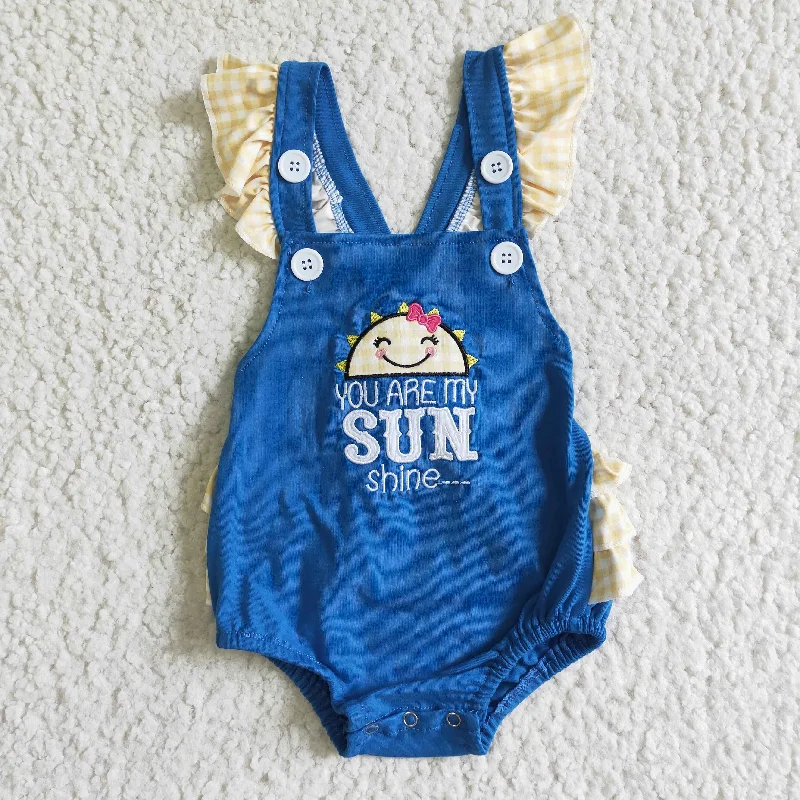 SR0035 Blue Yellow You Are My Sun Shine Embroidery Girls Flutter Sleeve Romper British Gentleman Style