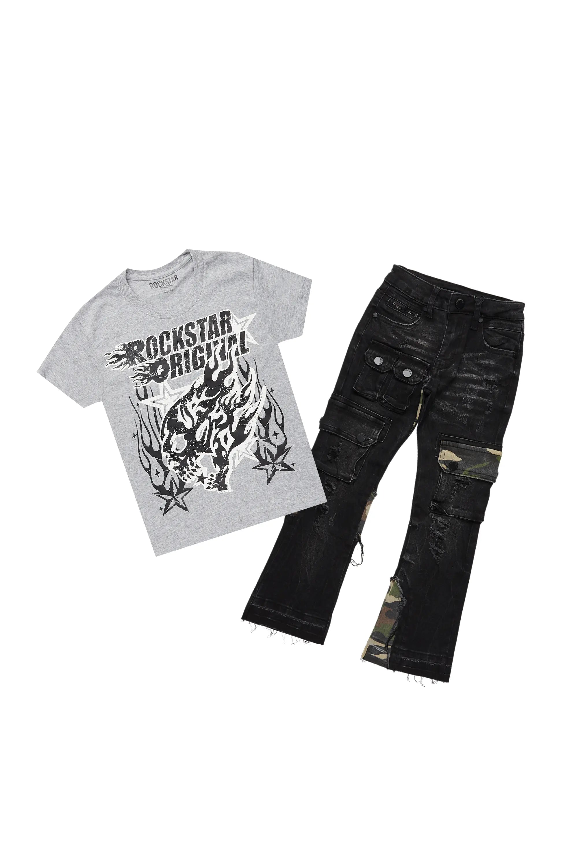 Boys Smitty Heather Grey T-Shirt/Stacked Flare Jean Set Modern Men's Geometric