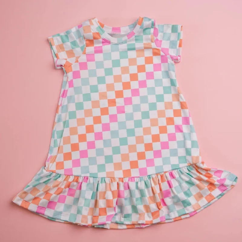 GSD0401 Pink Blue Plaid Girls Short Sleeve Dresses Minimalist Men's Casual 