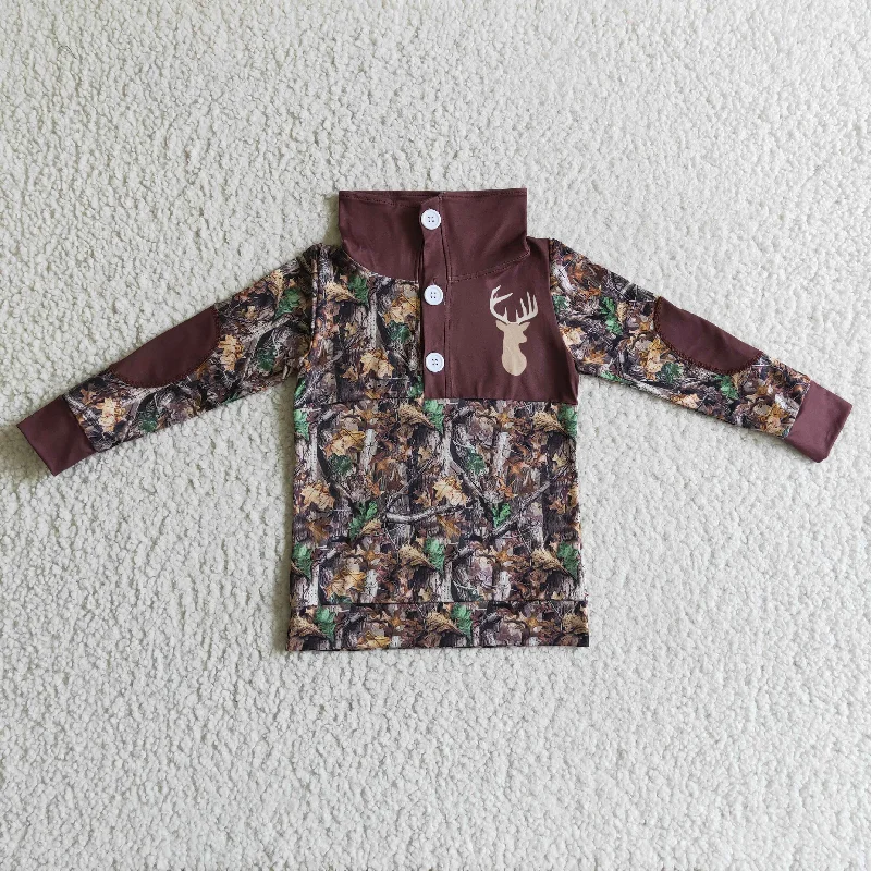 BT0078 Christmas Deer Brown Leaf Leaves Camo Boys Long Sleeve Top Collar Polo Pullover T-Shirts Preppy Men's College