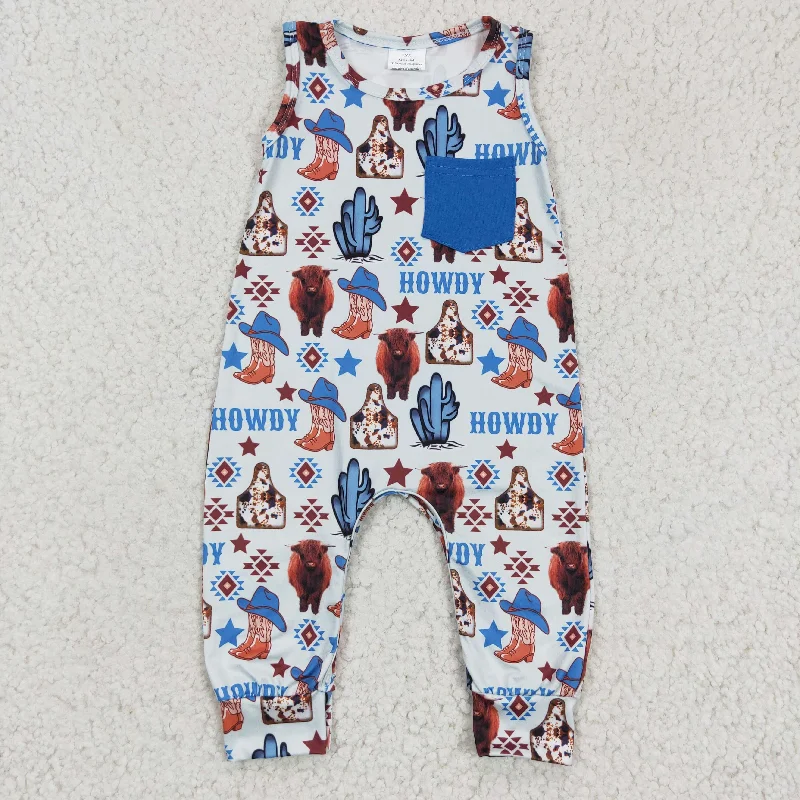 SR0115 Blue Brown Howdy Highland Cow Boots Cowboy Western Cactus Pocket Boys Short Sleeve Romper Polished Men's Satin