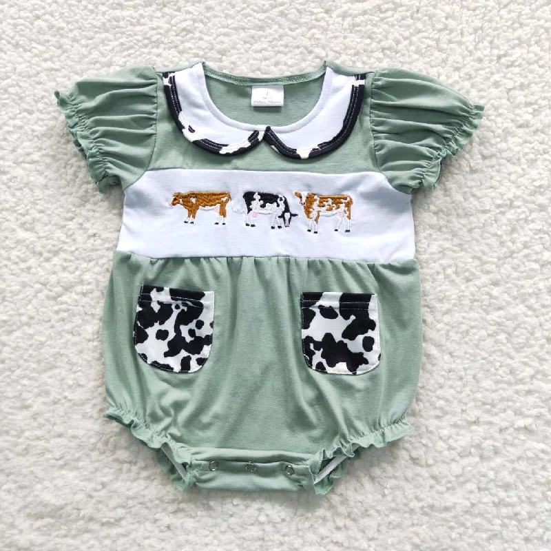 SR0373 Green Cow Print Embroidery Girls Sleeveless Romper Masculine Men's Thick