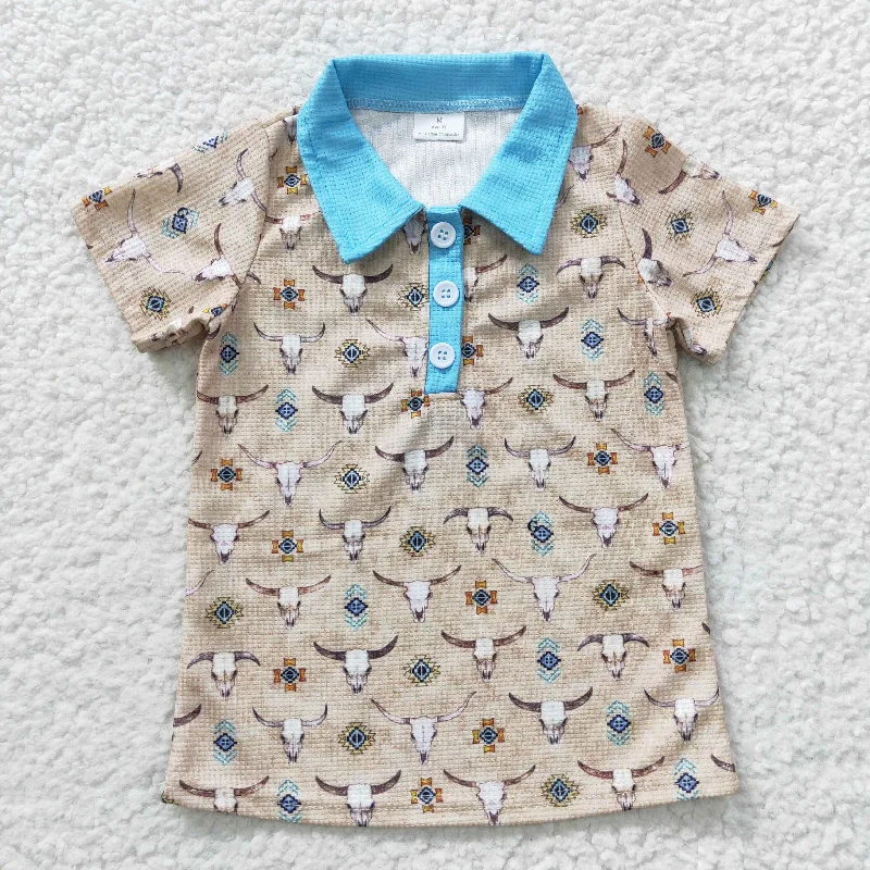 BT0210  Blue Highland Cow Cowboy Cactus Rodeo Western Boys Short Sleeve Top Collar T-Shirts Elegant Men's Cashmere