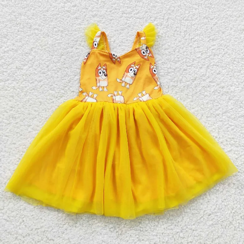 GSD0356 Yellow Dog Cartoon Tulle Tutu Girls Short Sleeve Dresses Relaxed Men's Beach