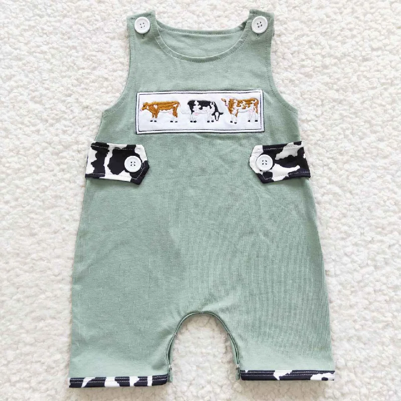 SR0374 Green Cow Print Embroidery Boys Sleeveless Romper Traditional Men's Wool