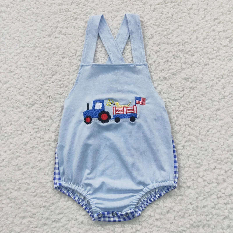 SR0273 4th Of July Dog Blue Farm Car Truck Embroidery Boys Flutter Sleeve Romper Polished Men's Satin