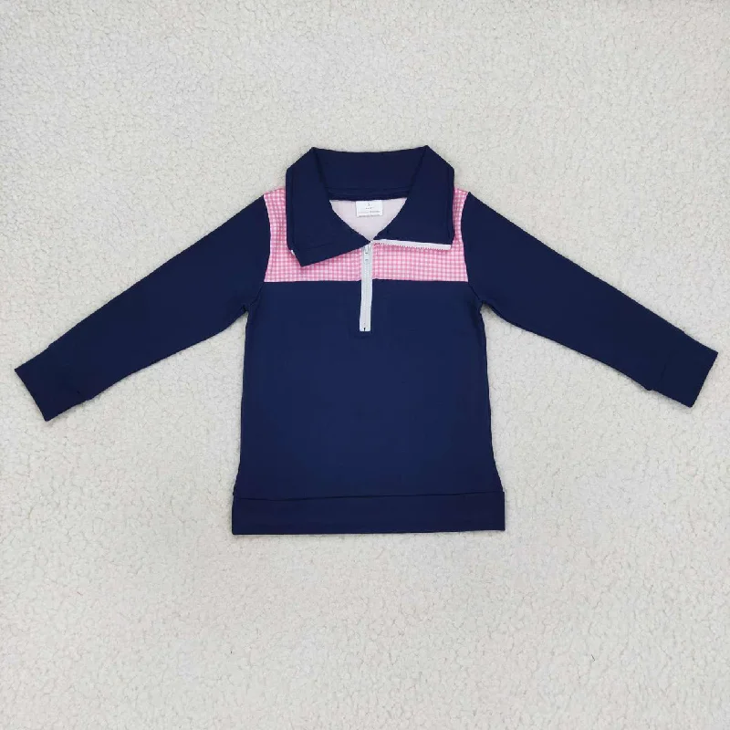 BT0290  Blue Pink  Boys Long Sleeve Top Collar Polo Pullover T-Shirts Unique Men's Upcycled