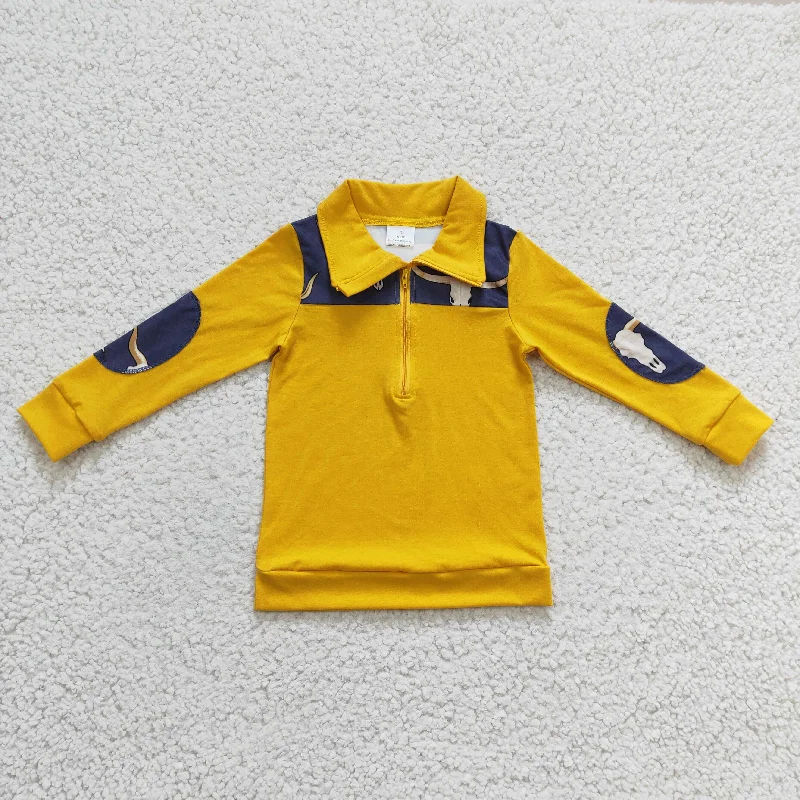 promotion BT0124 Yellow Black Highland Cow Head Western Boys Long Sleeve Top Collar Polo Pullover T-Shirts