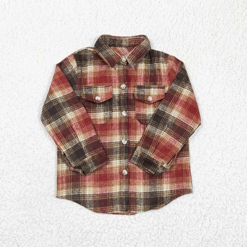 BT0191 Brown Plaid Boys Long Sleeve Top Winter Collar T-Shirts Traditional Men's Country