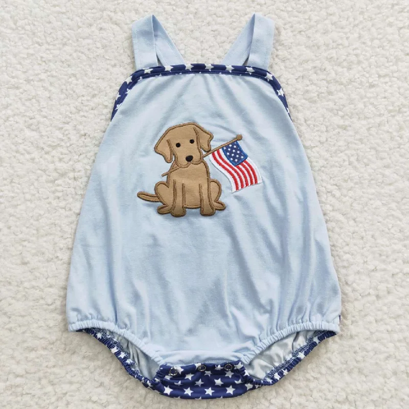 SR0331 4th Of July Blue Pink Flag Dog Embroidery Boys Short Sleeve Romper Athletic Men's Compression