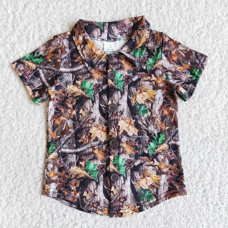 E11-15 Leaves Leaf Camo Print Collar Boys Short Sleeve T-shirts Polo