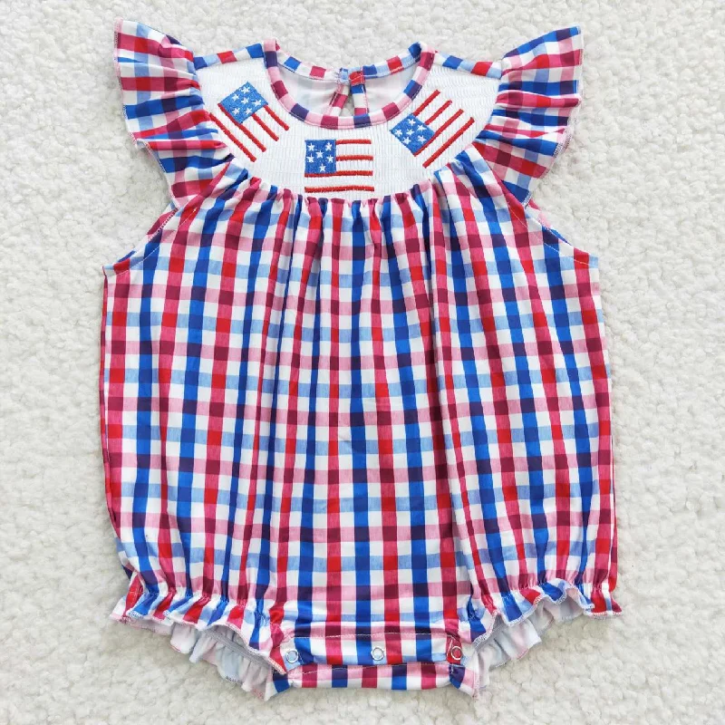 SR0388 4th Of July Blue Red Flag  Embroidery Girls Short Sleeve Romper Dynamic Men's High