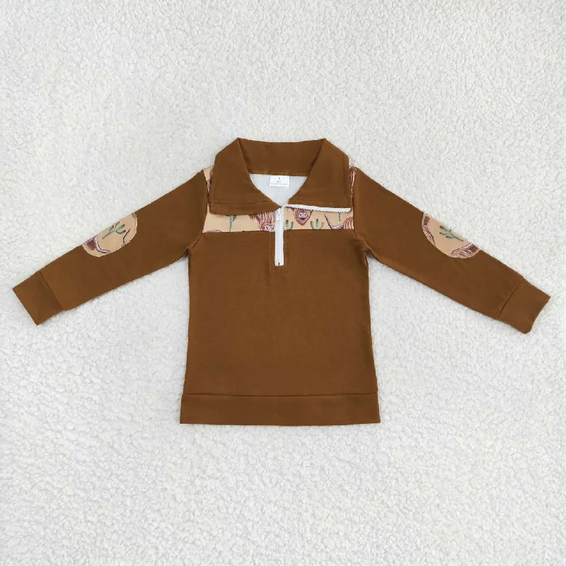 promotion BT0298   Brown Highland Cow  Winter Boys Long Sleeve Top Collar T-Shirts British Gentleman Style