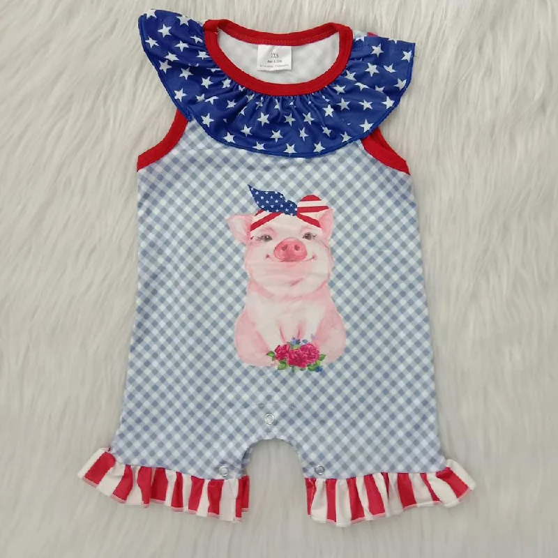 A6-2 4th Of July Blue Red Pig Girls Short Sleeve Romper Classic Men's Pin