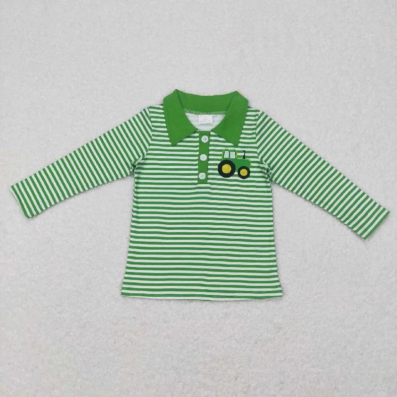 BT0405   Green Farm Truck Embroidery Boys Long Sleeve Top Collar Polo Pullover T-Shirts Business