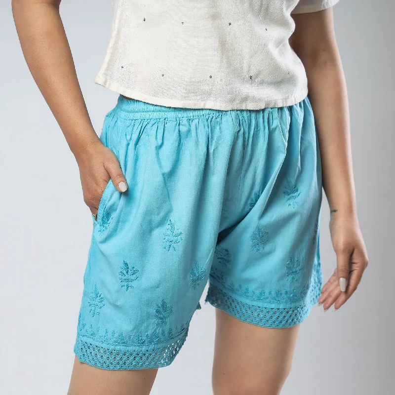 Blue - Chikankari Hand Embroidered Cotton Short Bold Men's Animal