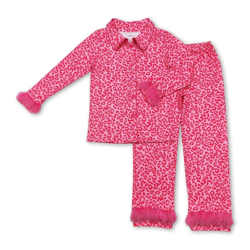 Hot pink leopard fur ruffle adult women button down pajamas Business