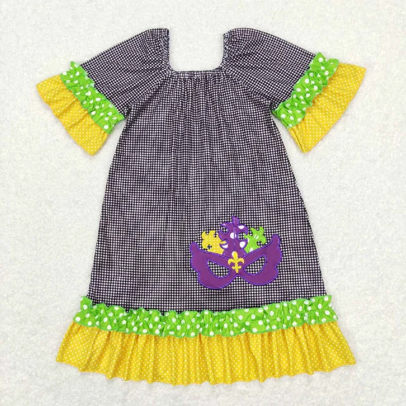 GSD0499 Mardi Gras Purple yellow  Embroidery Girls Flutter Sleeve Dresses Stylish Men's Neon