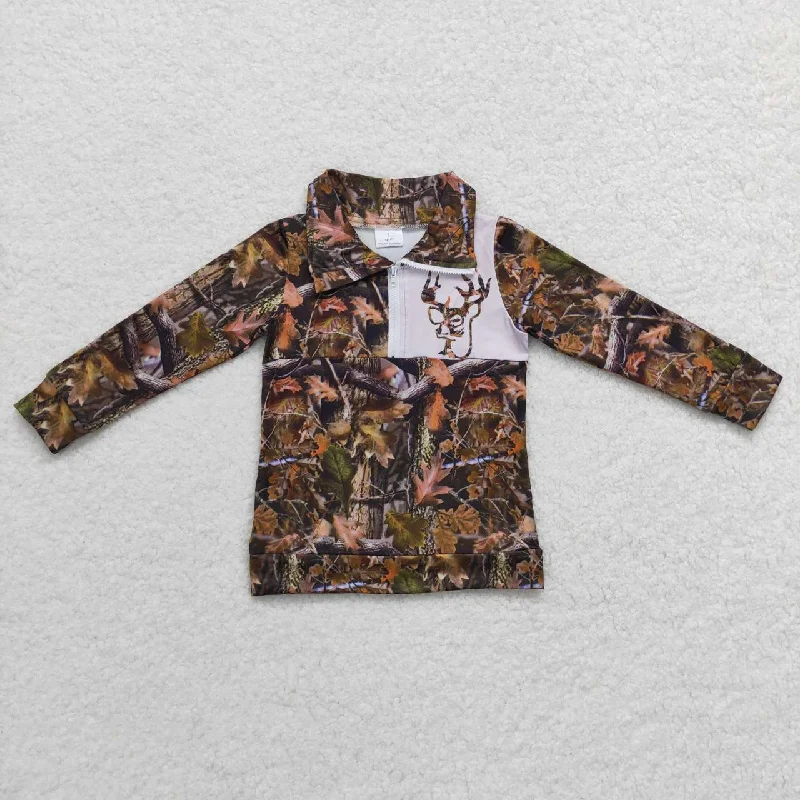 BT0331   Green Deer Camo Boys Long Sleeve Top Collar Polo Pullover T-Shirts Youthful Men's Pop