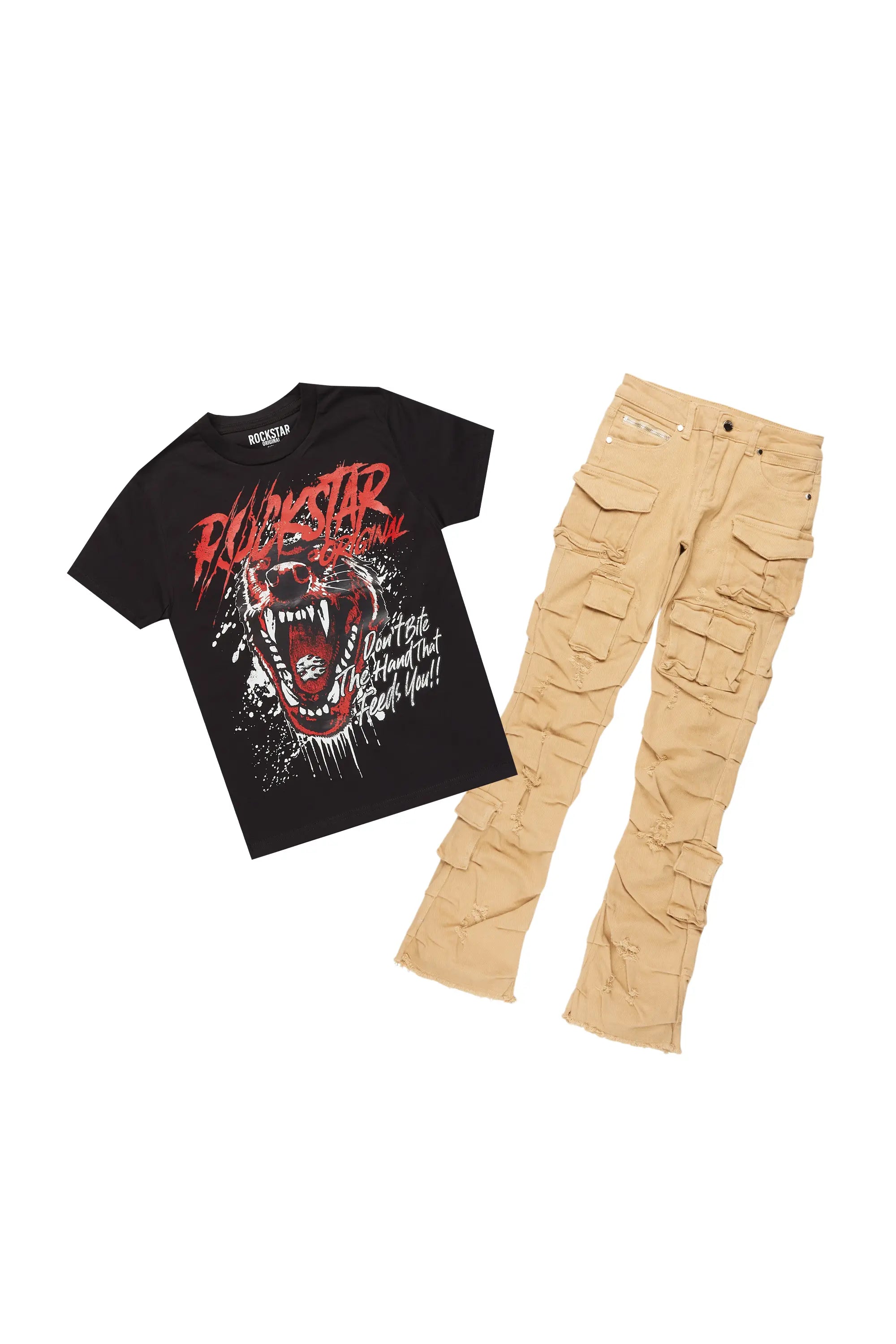 Boys Griff Black T-Shirt/Stacked Flare Jean Set