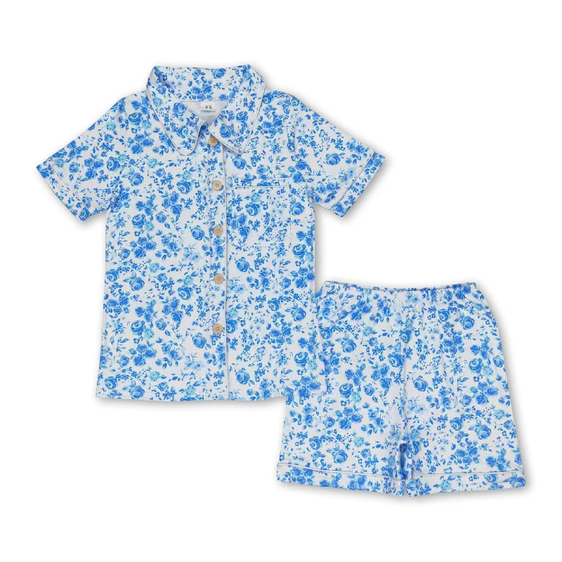 Short sleeves blue floral adult women button down pajamas Trendy Men's Oversized