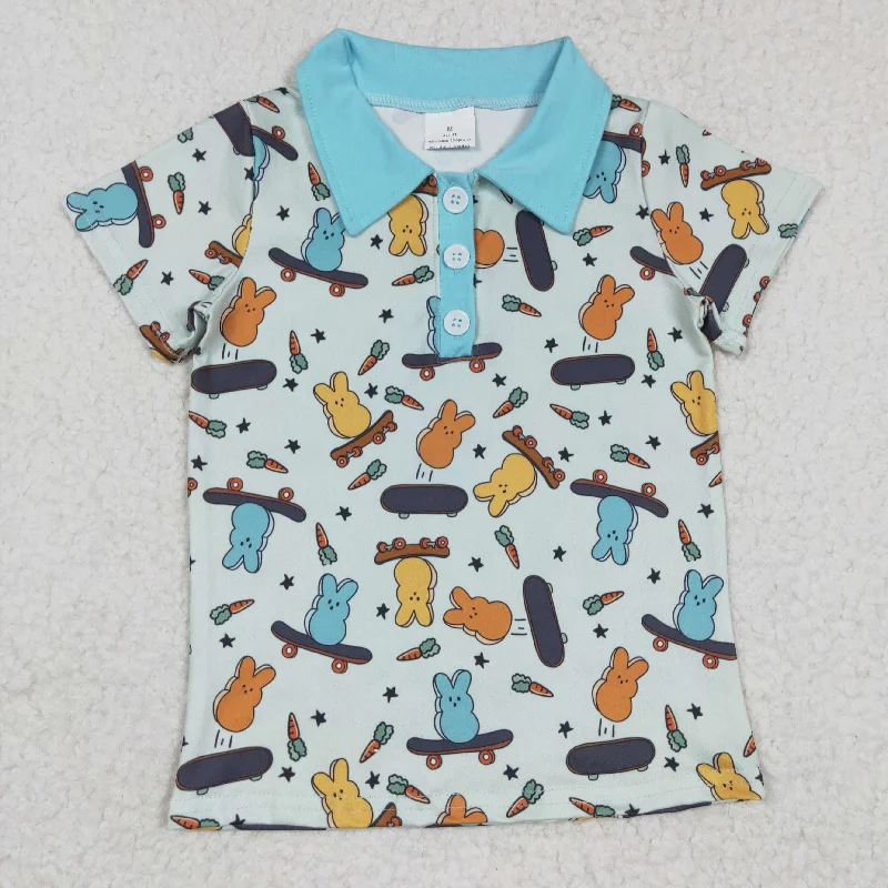 BT0170 Easter Blue Rabbit Carrot Boys Short Sleeve Top Collar T-Shirts Hip Men's Urban