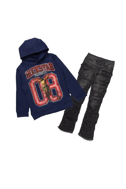 Boys Fields Navy Hoodie/Stack Flare Jean Set