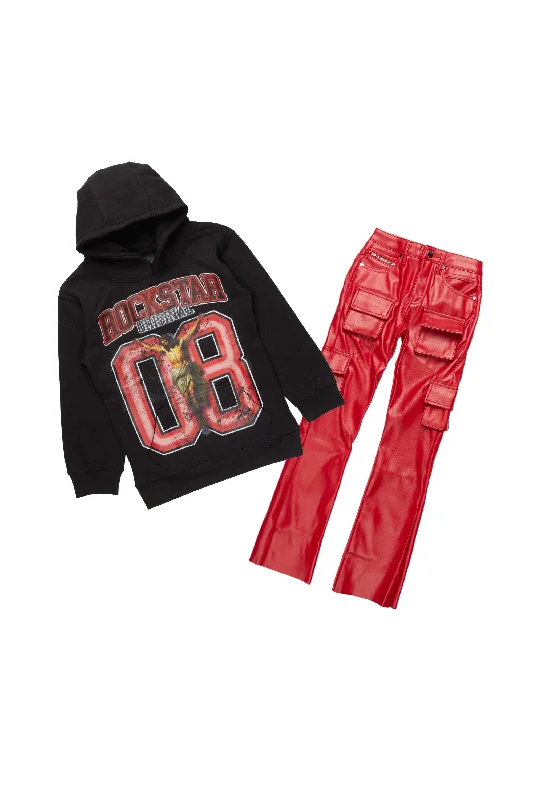 Boys Fields Black/Red Hoodie/Stacked Flare PU Jean Set