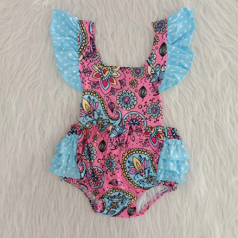 B9-4 Blue Dots Baby Girls Pink Floral Print Girls Short Sleeve Romper Practical Men's Quick