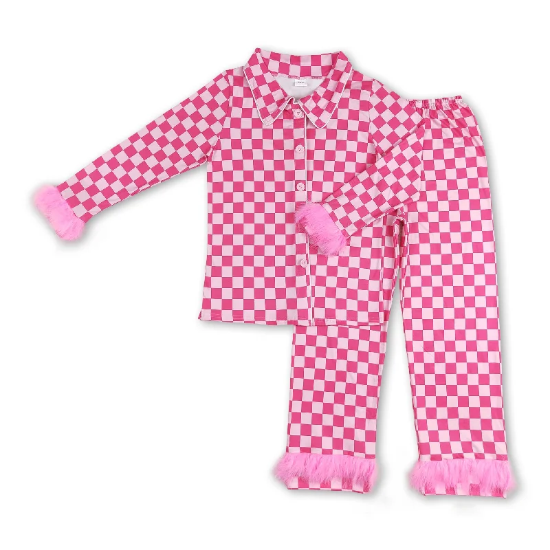 Hot pink plaid fur ruffle adult women button down pajamas Earthy Men's Sustainable 