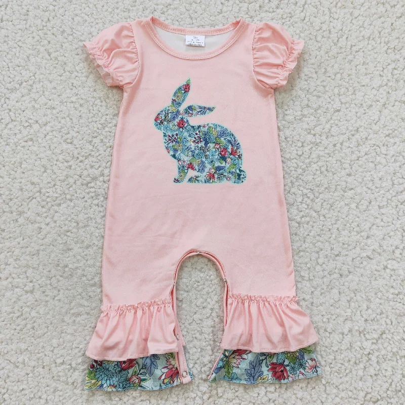 SR0163 Easter Green Pink Floral Rabbits Girls Short Sleeve Romper Tough Men's Tactical