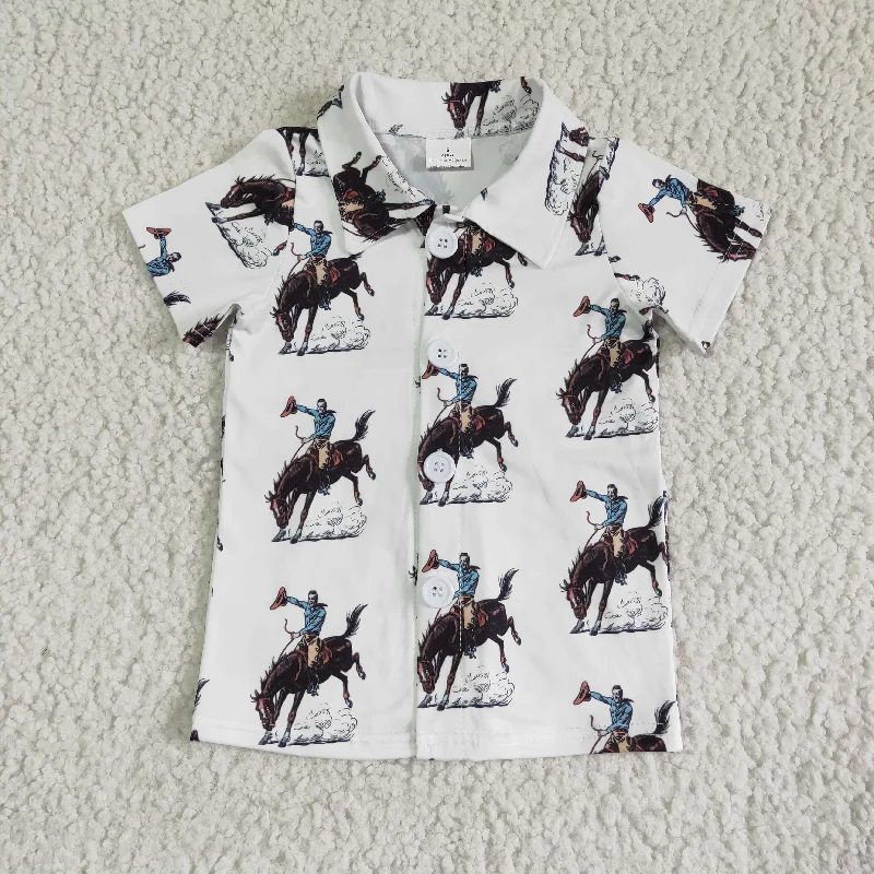 BT0011 White Rodeo Horses Cowboy Western Short Sleeve Top Boys Collar T-Shirts Relaxed Men's Beach