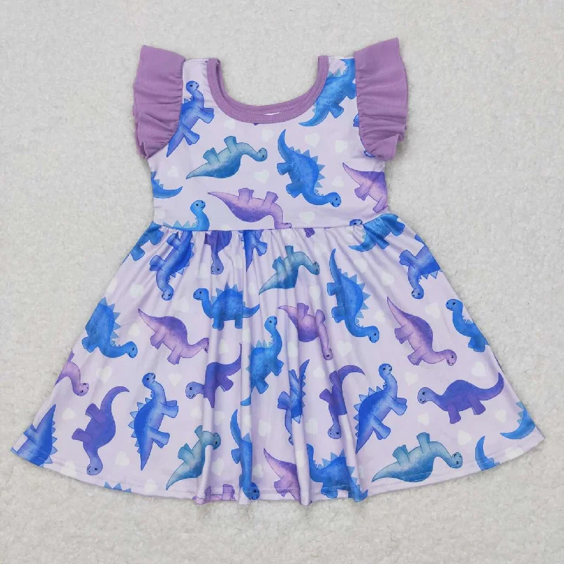 GSD0493 Blue Purple Dinosaur  Girls Short Sleeve Dresses Organic