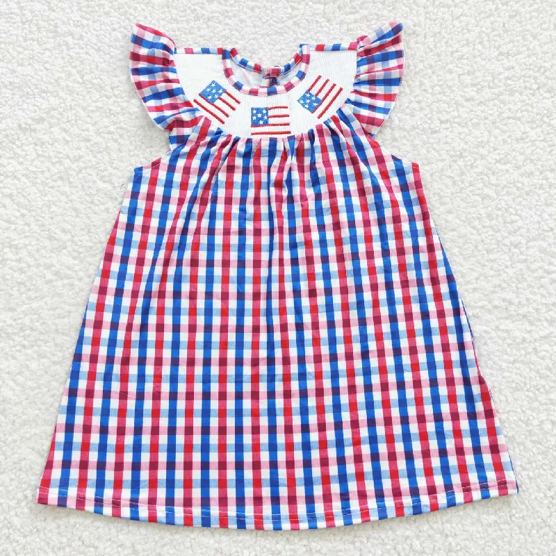 GSD0387 4th Of July Blue Red Flag  Embroidery Girls Short Sleeve Dresses Lumberjack