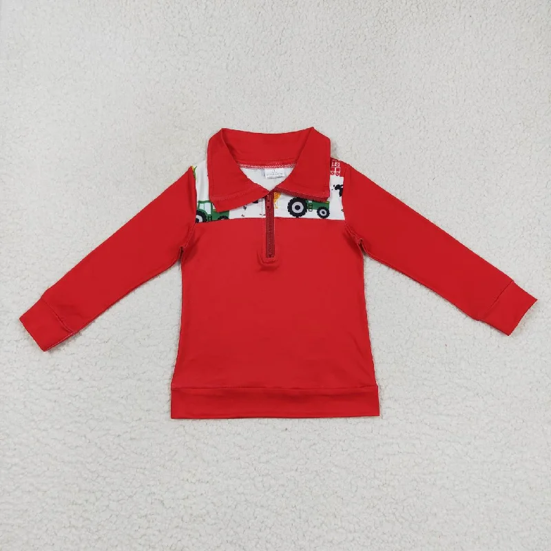 promotion RTS BT0347  Christmas Red Farm  Boys Long Sleeve Top Collar Polo Pullover T-Shirts Hip Men's Retro