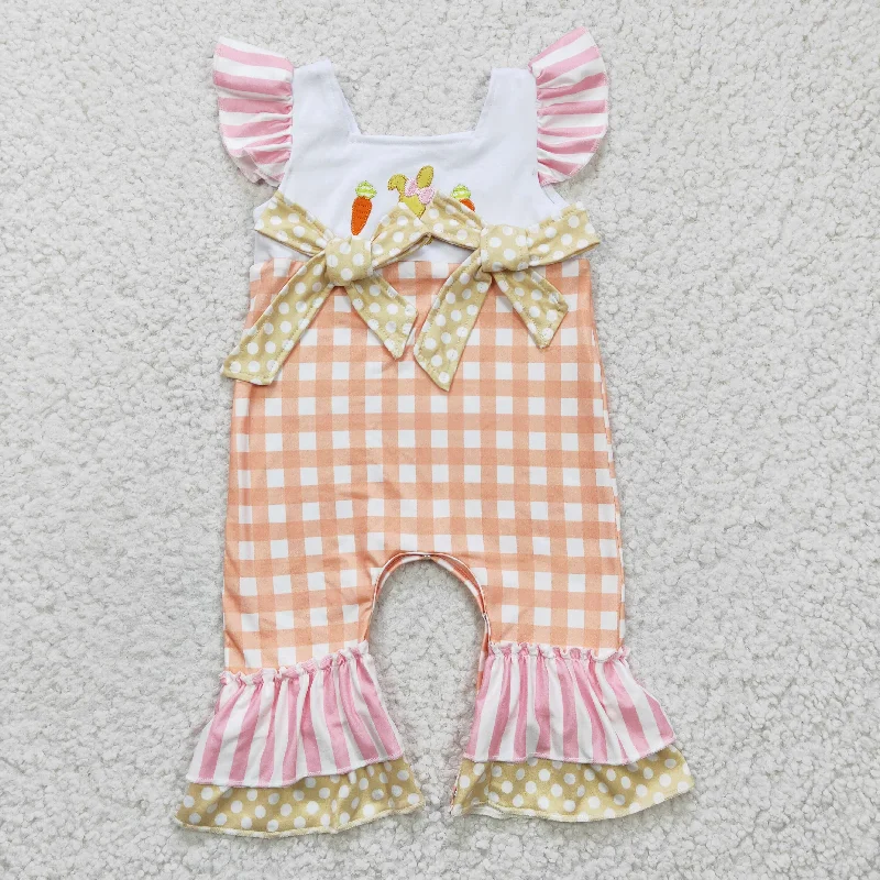 SR0129 Easter Orange Pink Rabbit Carrot Plaid Bow Embroidery  Girls Short Sleeve Romper Traditional Men's Wool